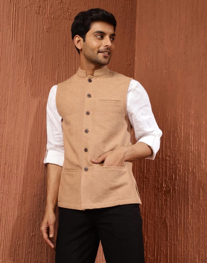 Beige Cotton Hand Woven Jacket Nehru