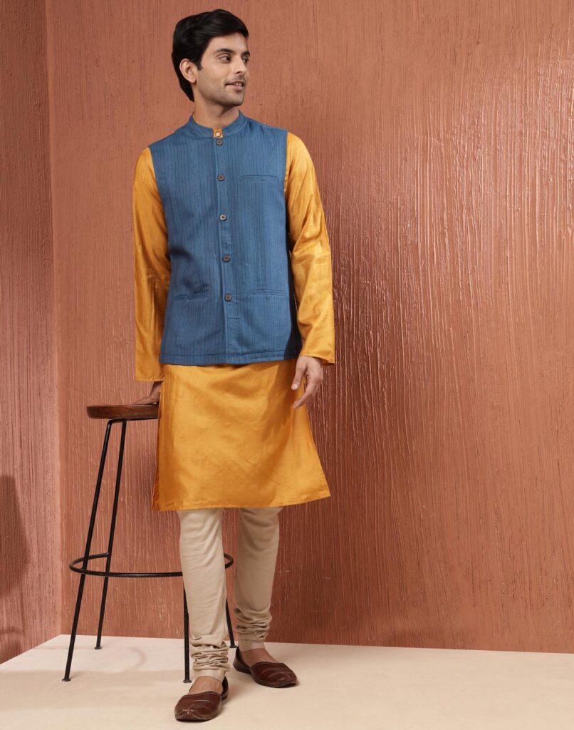 Blue Viscose Blend Striped Nehru Jacket