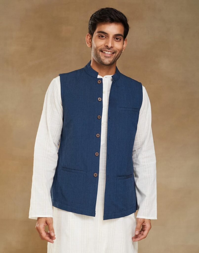 Navy Cotton Waist Length Nehru Jacket