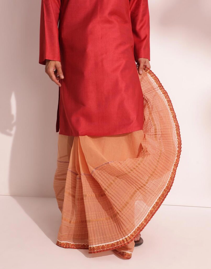 Brown Cotton Blend Woven Dhoti
