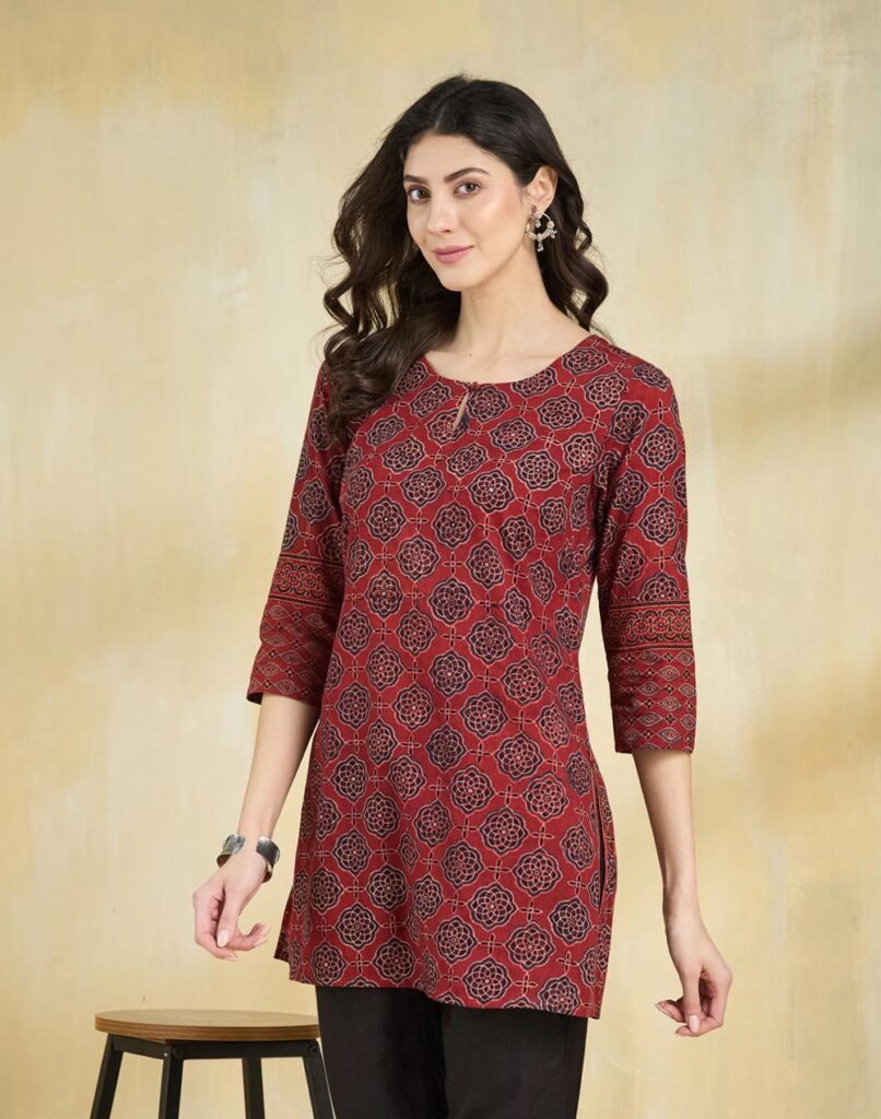 Maroon Cotton Ajrakh Printed Slim Fit Short Kurta