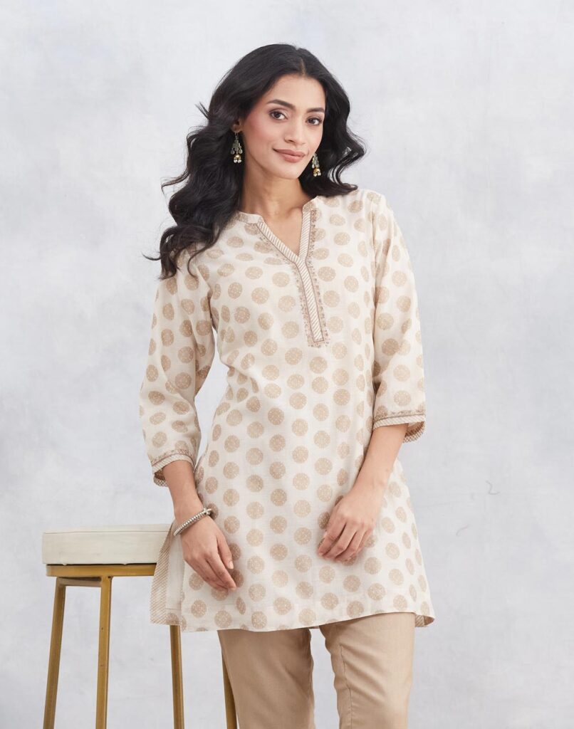 Natural Cotton Silk Printed Slim Fit Short Kurta