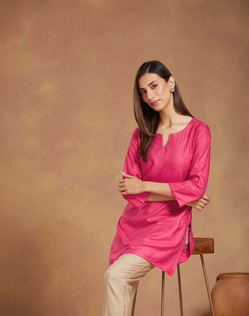 Pink Viscose Silk Short Kurta