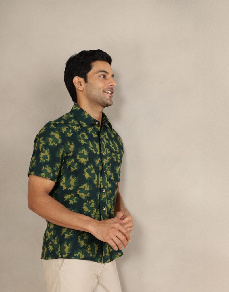 Green Cotton Dabu Printed Bush Shirt