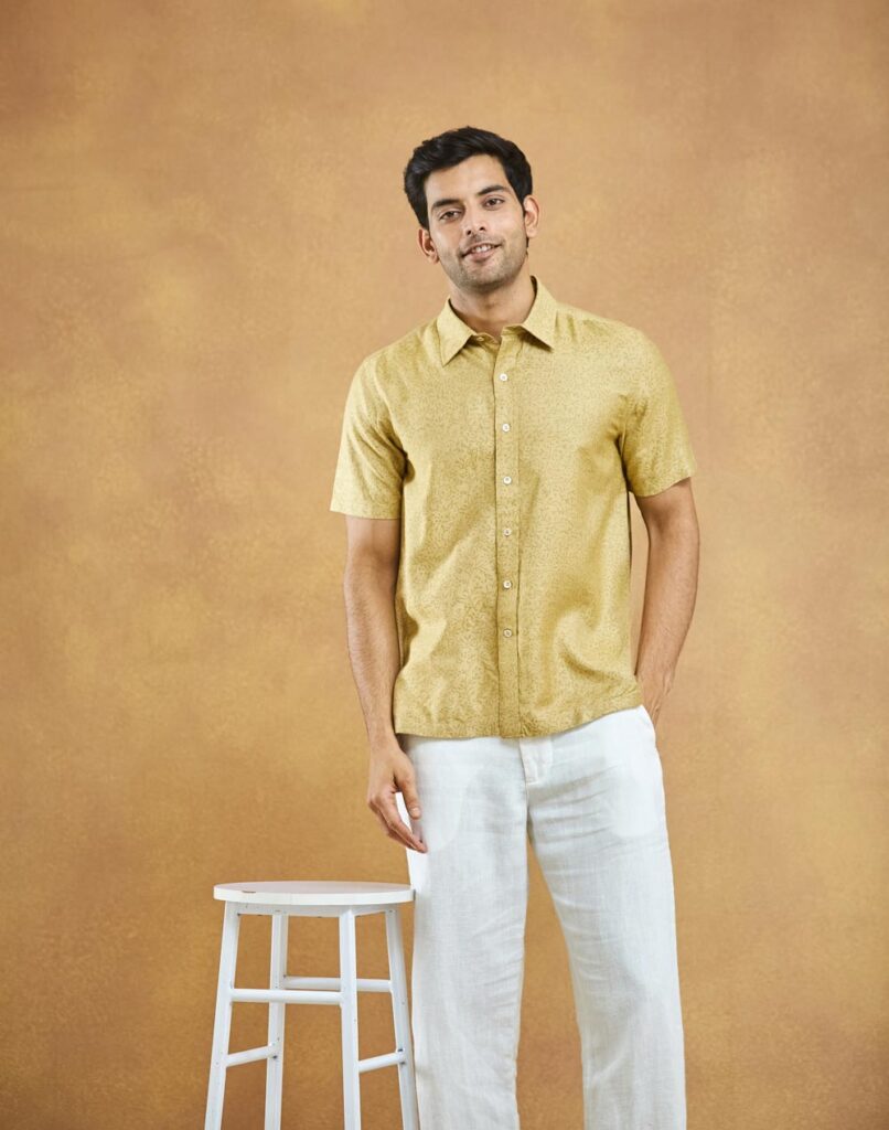 Gold Viscose Silk Hand Block Printed Bush Shirt