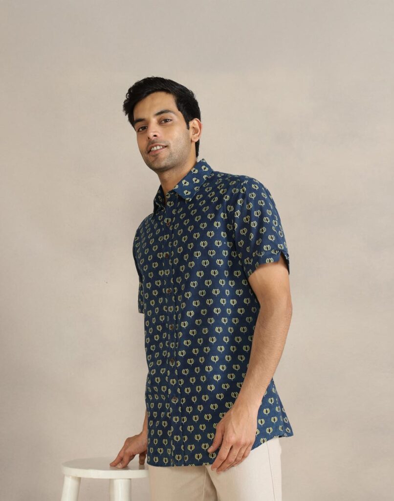 Indigo Cotton Bagru Printed Shirt
