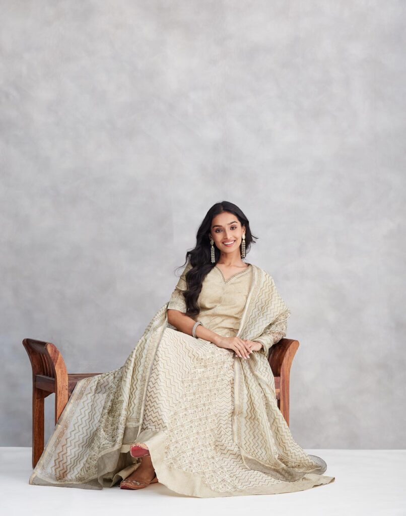 Beige Cotton Silk Hand Block Print Slim Fit Dupatta, Choli & Skirt Set