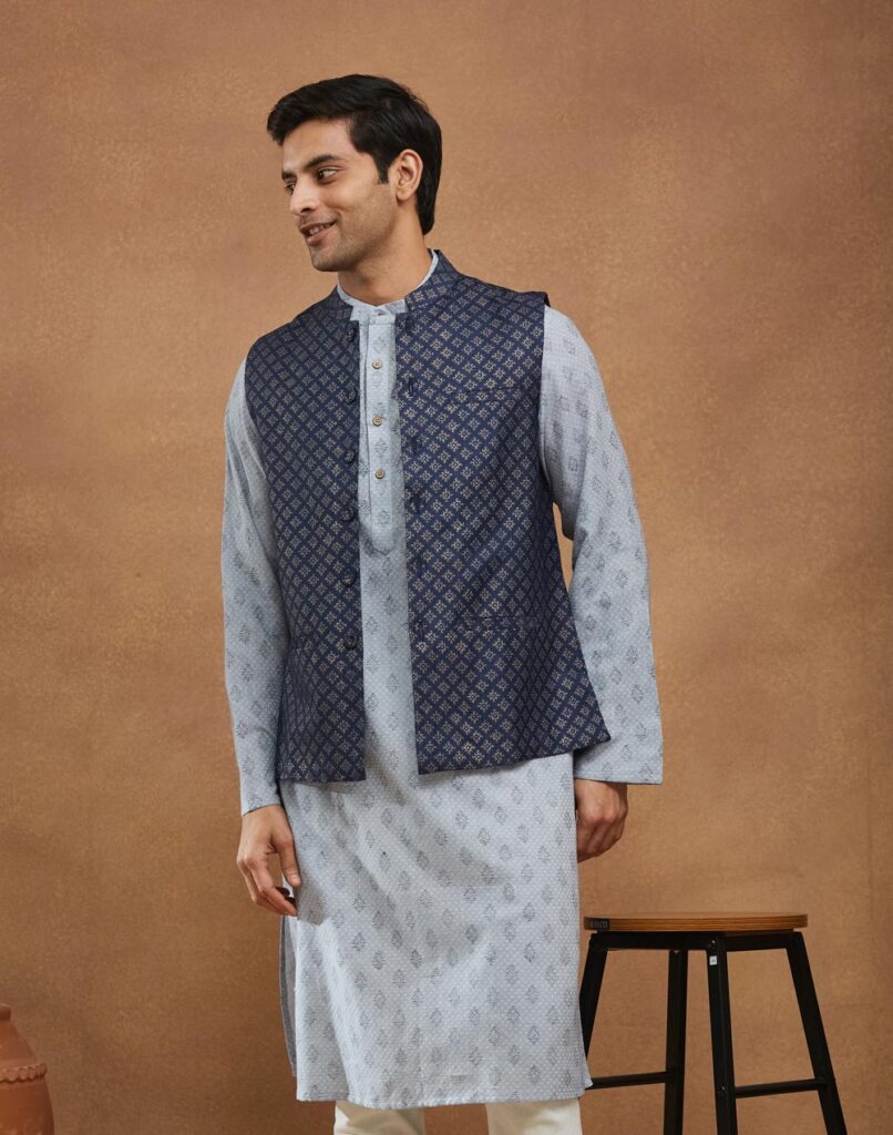 Navy Silk Hand Block Print Nehru Jacket