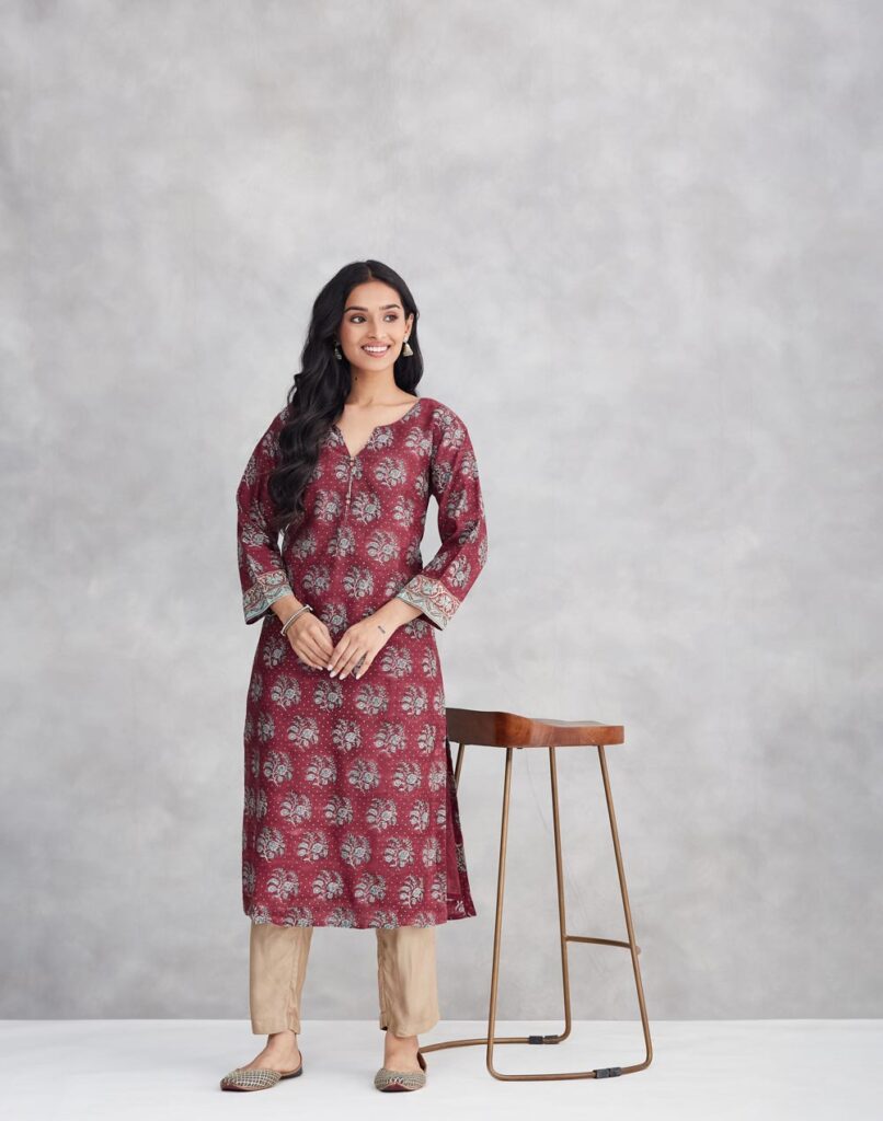Maroon Cotton Silk Hand Block Print Long Kurta