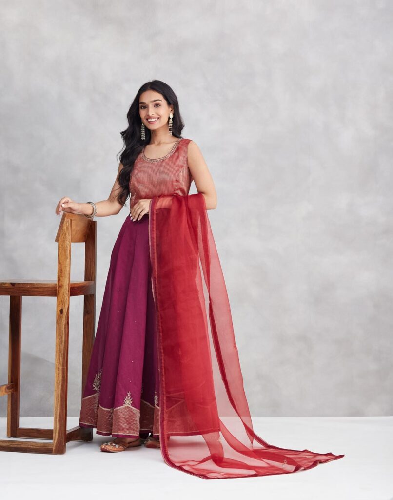Maroon Cotton Silk Blend Embroidered Slim Fit Choli & Skirt Set
