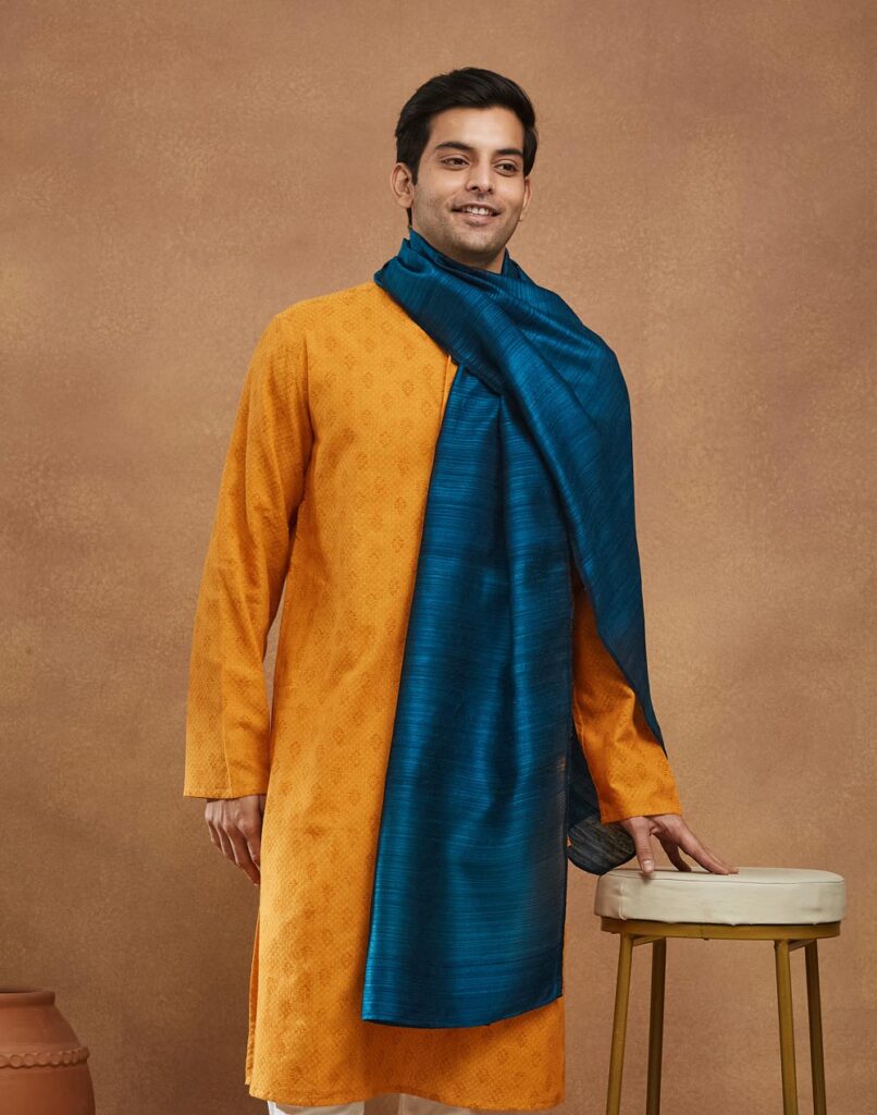Turquoise Silk Blend Hand Woven Men Stole