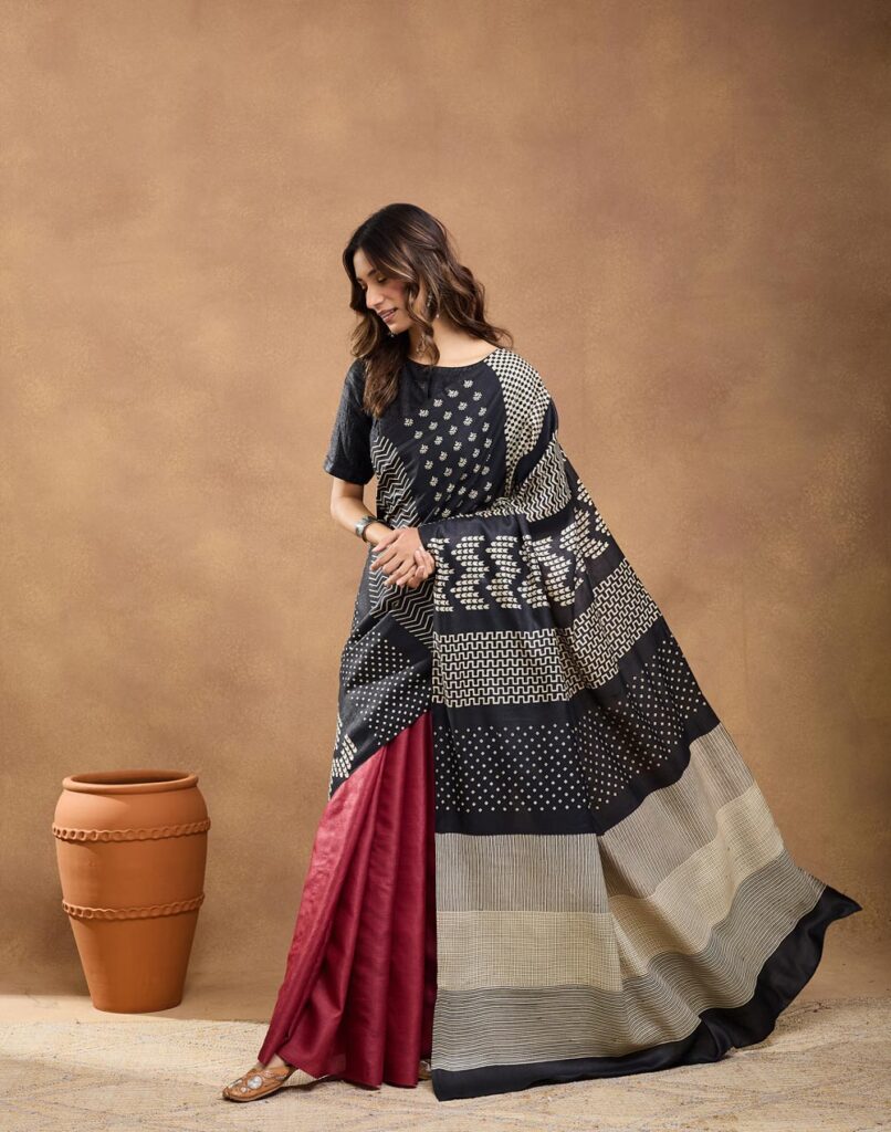 Black Silk Hand Block Printed Sari