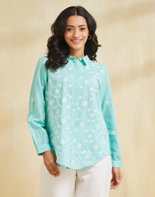 Green Cotton Chikankari Shirt