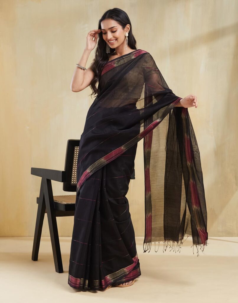 Black Cotton Silk Blend Maheshwari Sari