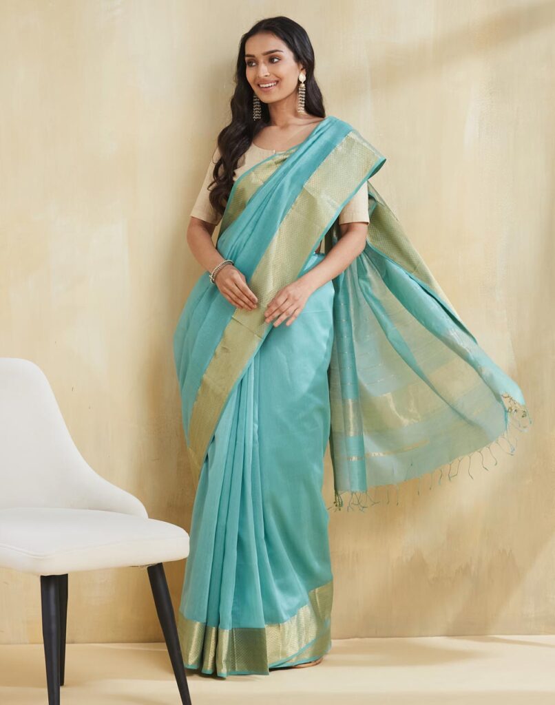 Turquoise Cotton Silk Blend Maheshwari