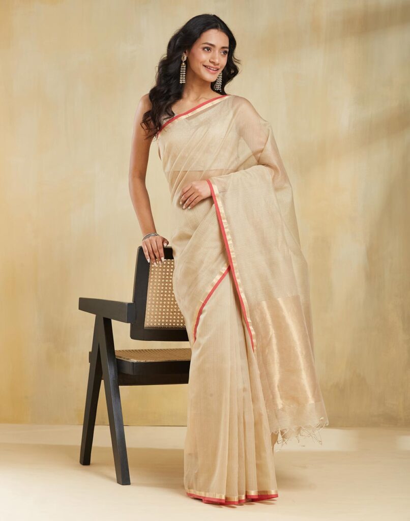 Beige Cotton Silk Blend Maheshwari Sari