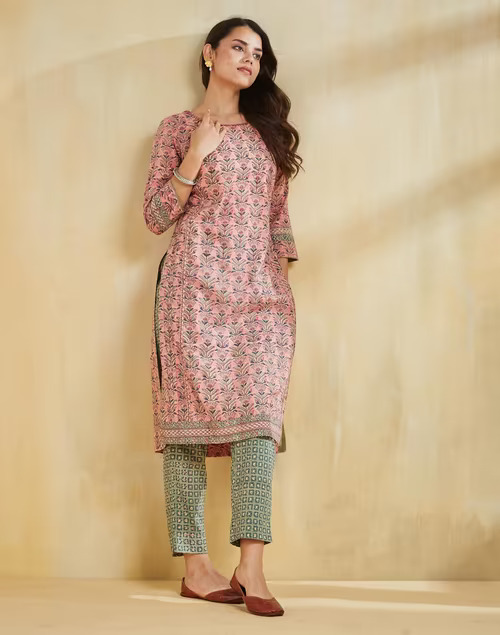 Pink Cotton Hand Block Printed Slim Fit Bottom & Kurta