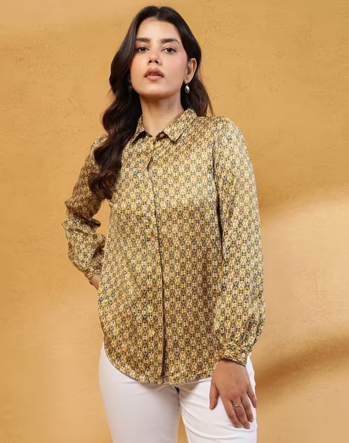 Mustard Rayon Blend Hand Block Printed Shirt