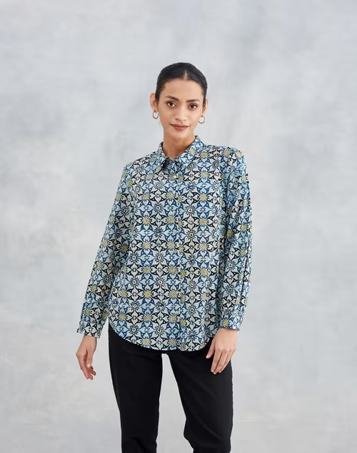 Blue Cotton Ajrakh Printed Shirt