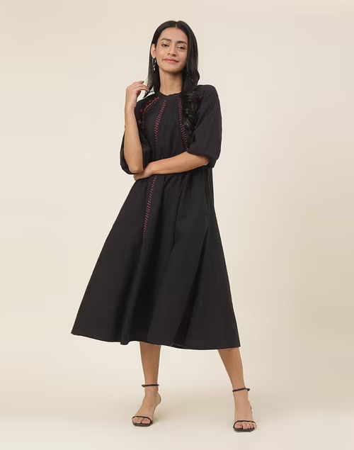 Black Cotton Embroidered Midi Dress