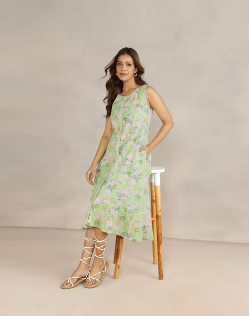Green Cotton Hand Block Printed Midi Dress With Slip