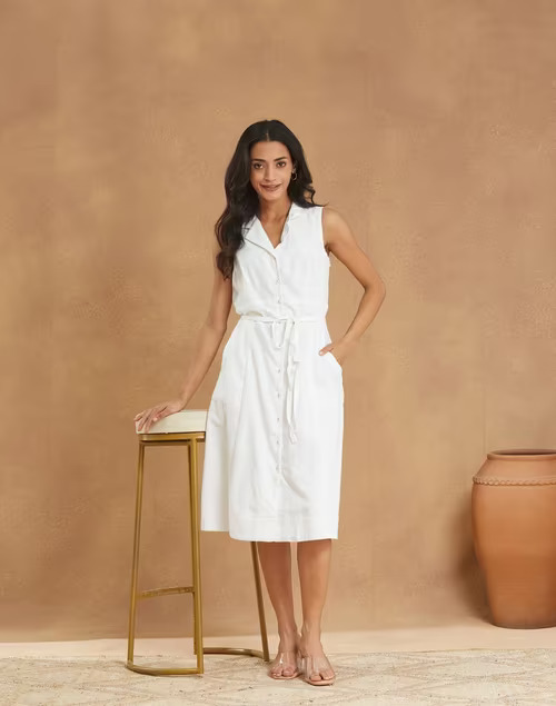 White Cotton Hand Woven Midi Dress