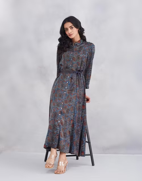 Blue Rayon Blend Ajrakh Printed Maxi