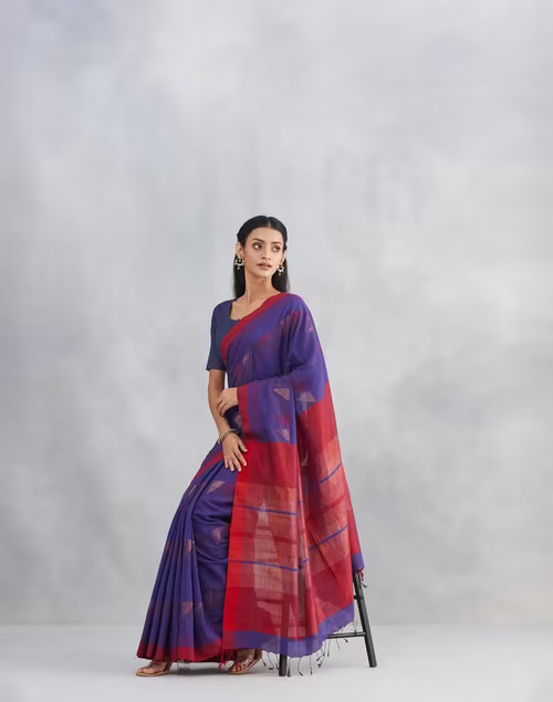 Blue Cotton Silk Blend Jamdani Sari