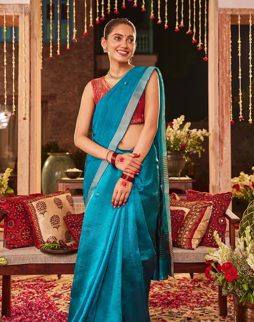 Turquoise Silk Jamdani Sari