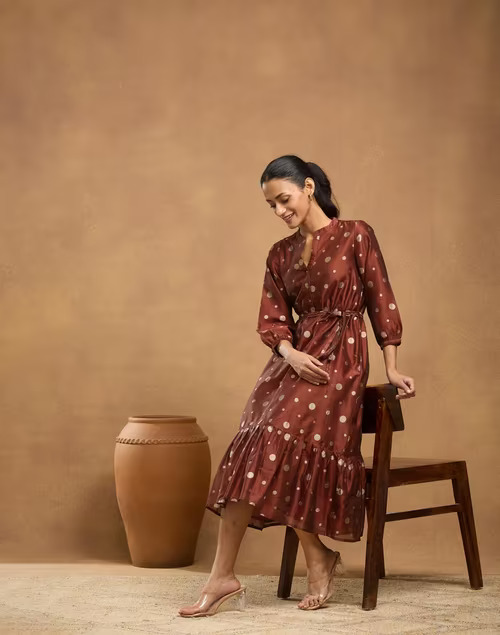 Red Cotton Silk Blend Cutwork Maxi