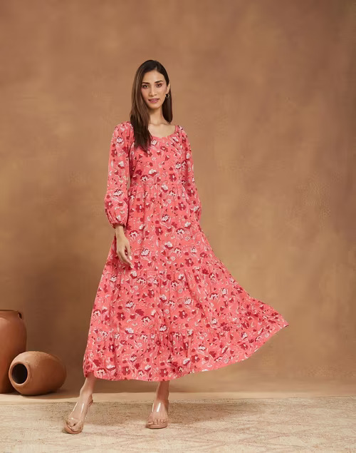 Pink Cotton Printed Maxi