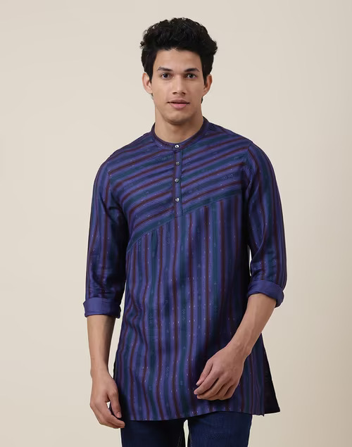 FabBasics Purple Viscose Silk Slim Fit Printed Short Kurta