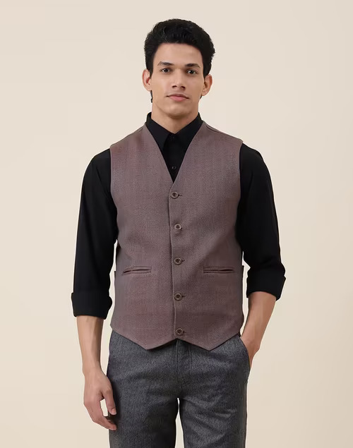 Red Wool Woven Slim Fit Vest Jacket