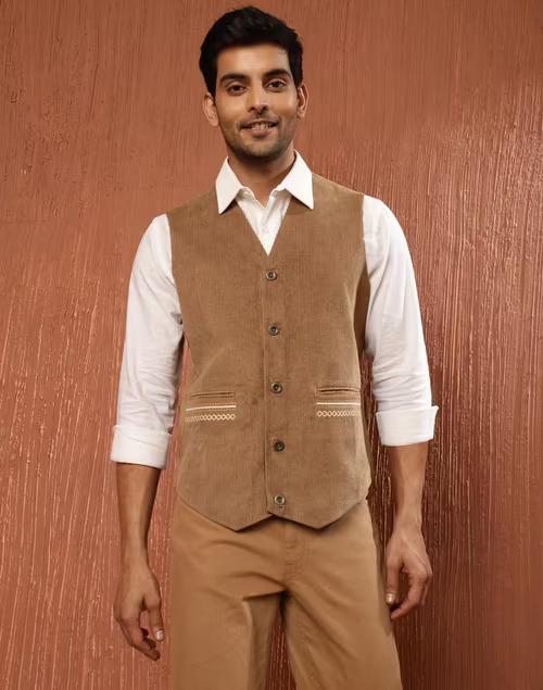 Brown Cotton Striped Slim Fit Vest Jacket