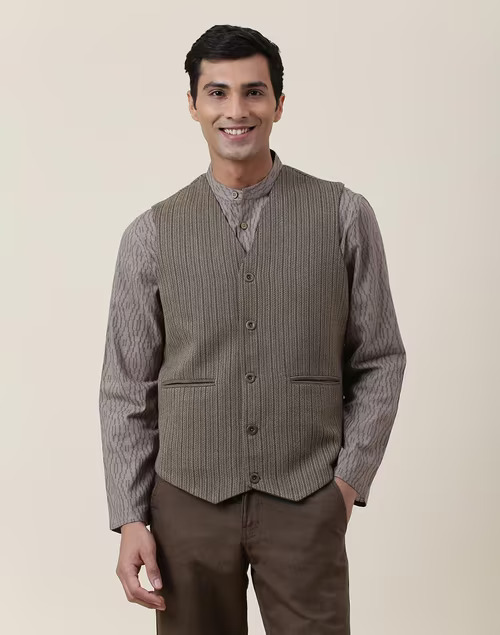 Green Wool Woven Slim Fit Vest Jacket
