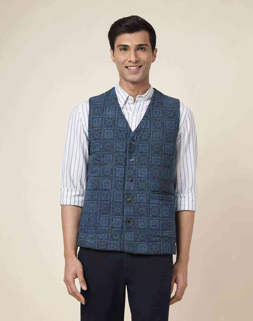 Blue Cotton Quilting Slim Fit Vest Jacket