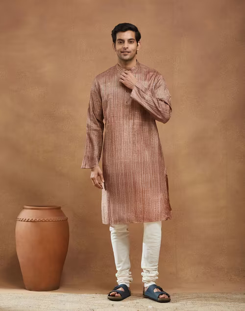 Orange Silk Hand Block Print Long Kurta