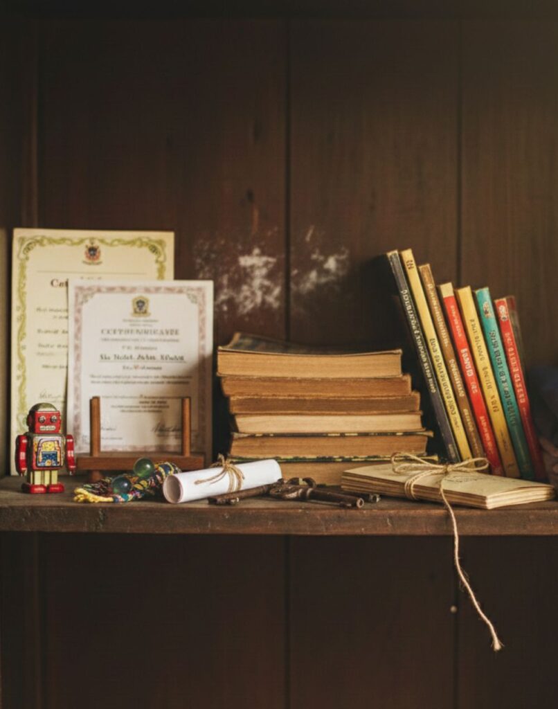 A cupboard with certificates, toys, books and childhood memories
