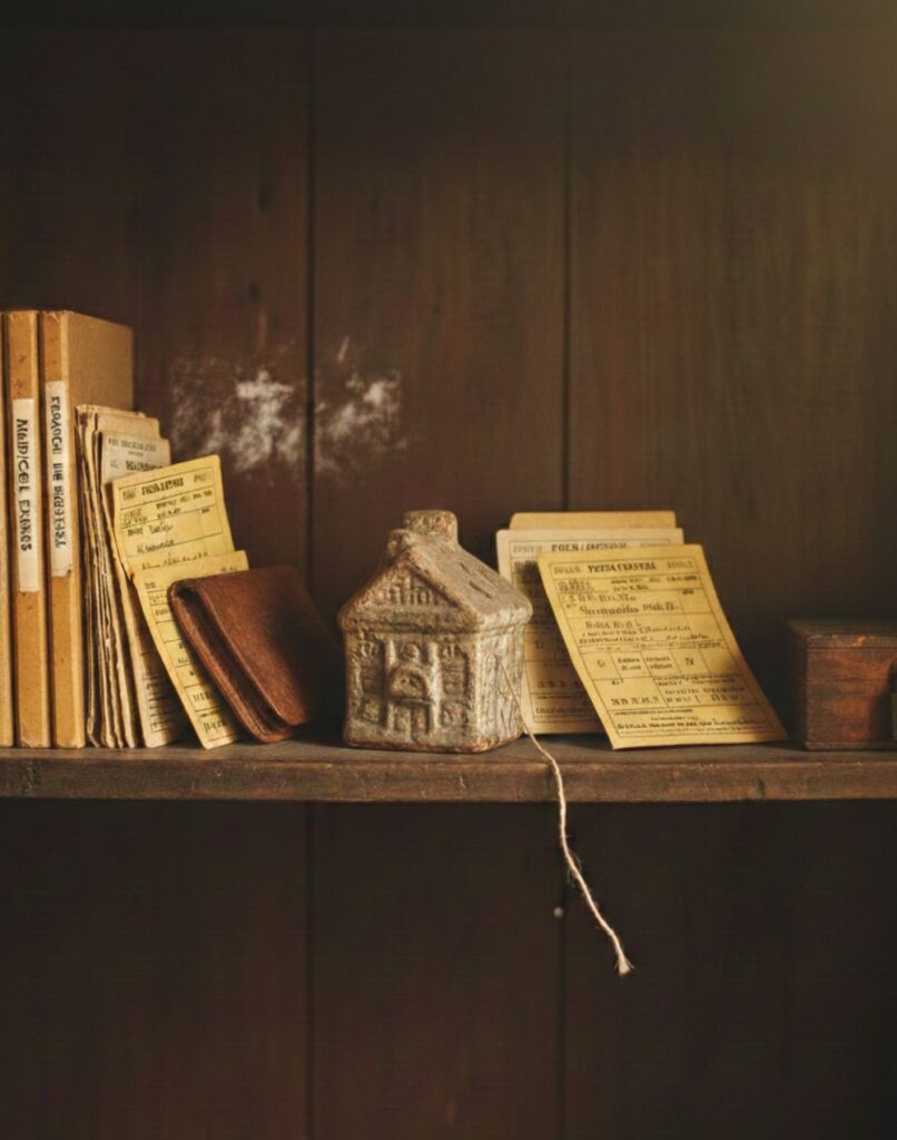 A cupboard with a piggy bank and documents