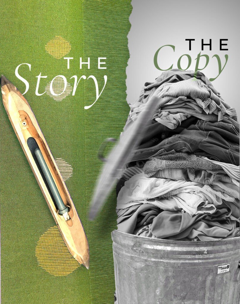 A split-screen comparison showing slow vs fast fashion