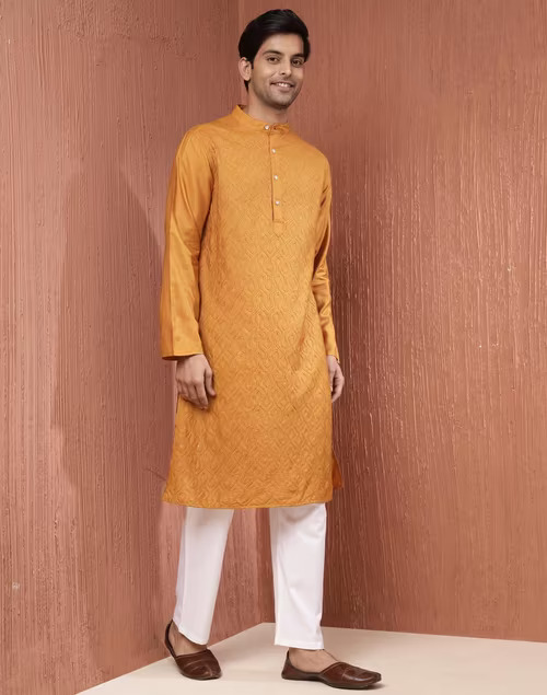 Mustard Silk Chikankari Long Kurta