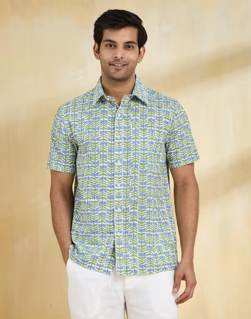 Green Cotton Hand Block Printed Bush Shirt