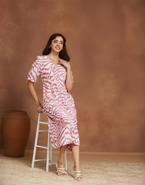 Pink Cotton Ikat Midi Dress