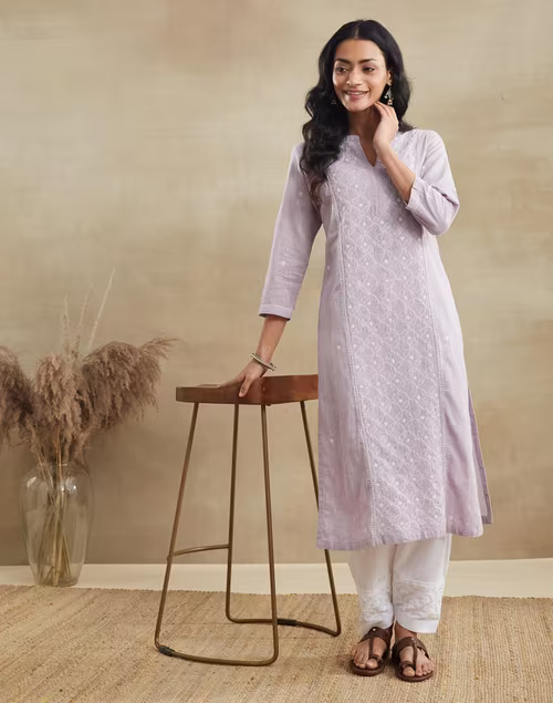 Purple Cotton Chikankari Long Kurta