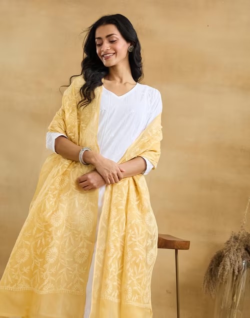 Yellow Cotton Silk Blend Chikankari