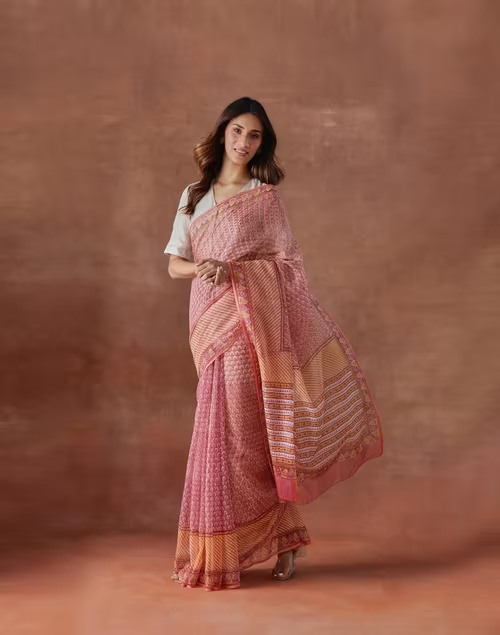 Pink Cotton Silk Hand Block Printed Sari