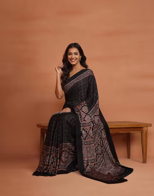 Black Viscose Blend Ajrakh Printed Sari