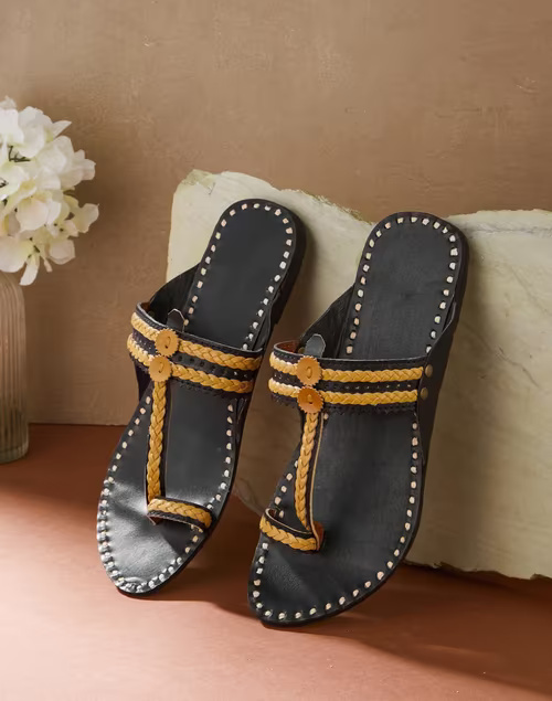 Black Leather Hand Embroidered Chappal