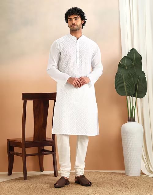 White Cotton Vasant Vaani Chikankari Slim Fit Long Kurta