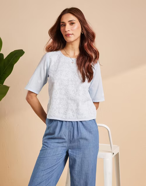 Blue Cotton Chikankari Short Top